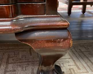 Small Mahogany Serpentine Front Side Table with Three Drawers, Pull Out Tray & Ball & Claw Feet. Measures 32.5" W x 18" D x 30" H. Great As Is But Would Be AMAZING Updated With A Fresh Coat Of Paint For A Modern Look & Feel. Photo 2 of 2.