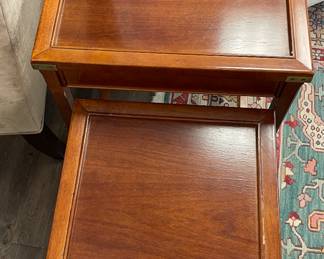Nesting Tables with Brass Trimmed Corners. Larger Table Measures 18" x 18" x 26" H. Photo 2 of 2.
