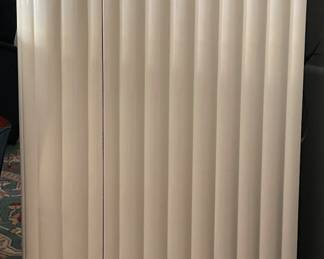 Vintage Christopher Guy Console / Bar Cabinet With Reeded White Lacquered Doors and Two Open Shelve. Measures 84" W x 22" D x 39" H. Photo 3 of 4.