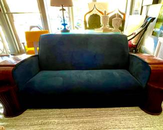 Vintage English Art Deco Blue Velvet Upholstered Sofa. Great In Any Room But Would Be Awesome For Home Theatre Seating. Measures 74" W x 38" D. Photo 1 of 2.