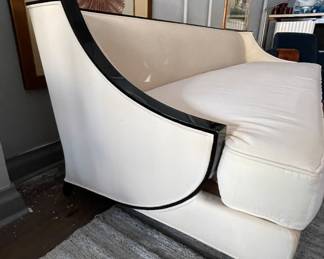 Sumptuous Christopher Guy Cream Velour Upholstered Sofa with Black Lacquer Frame. Measures 86” W x 36” D. Photo 2 of 3.