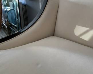 Sumptuous Christopher Guy Cream Velour Upholstered Sofa with Black Lacquer Frame. Measures 86” W x 36” D. Photo 3 of 3.