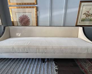 Sumptuous Christopher Guy Cream Velour Upholstered Sofa with Black Lacquer Frame. Measures 86” W x 36” D. Photo 1 of 3.