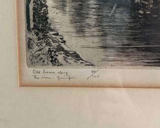 Henry Morris Hobbs Etching, Old House Along The River Quimper. Signed & Numbered Lithograph. Photo 2 of 3.