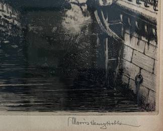 Henry Morris Hobbs Etching, Old House Along The River Quimper. Signed & Numbered Lithograph. Photo 1 of 3.