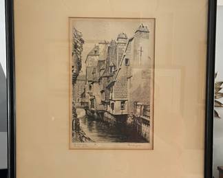 HHenry Morris Hobbs Etching, Old House Along The River Quimper. Signed & Numbered Lithograph. Photo 1 of 3.