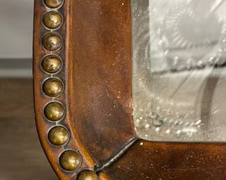 Glass Top Metal Console with Leather Frame and Nailhead Trim. Measures 54" W x 17" D x 32" H. Photo 2 of 5.