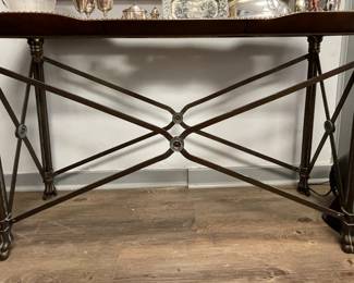 Glass Top Metal Console with Leather Frame and Nailhead Trim. Measures 54" W x 17" D x 32" H. Photo 1 of 5.