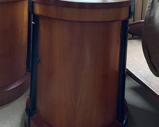 Pair Baker Furniture Brass & Walnut Neoclassical Cylindrical Round Drum End Table / Bedside Table. One Has Granite Topper. Both Need TLC! Each Measures 24.75 H x 24.25" D. Photo 1 of 5.