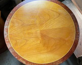 Pair Baker Furniture Brass & Walnut Neoclassical Cylindrical Round Drum End Table / Bedside Table. One Has Granite Topper. Both Need TLC! Each Measures 24.75 H x 24.25" D. Photo 3 of 5.