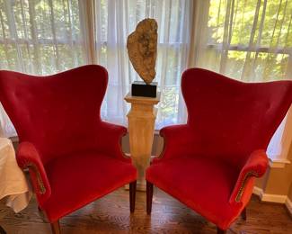 Gorgeous scarlet red velvet MCM wingback chairs