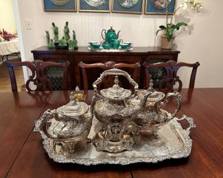 Ornate 925 sterling silver Fisher tea kettle set and silverplate tea set