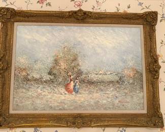 Original Marie Charlot oil landscape painting of Victorian girls at the beach