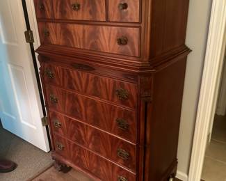 Chippendale style flame mahogany tall boy dresser