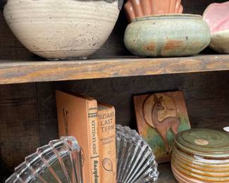 crystal, bookends, old books, vintage books, pottery, carvings, vase