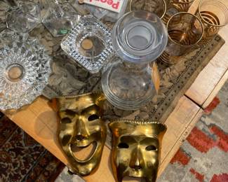 vintage barware, brass figurine, crystal, glassware, ephemera, magazine, paper goods
