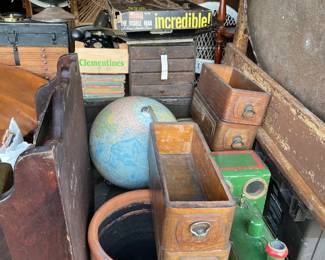 vintage globes, wooden crates and boxes, planters, vintage toys, machinist cabinet