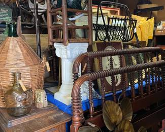 vintage decor, globe, sewing machine, vintage light, swag light, spindle bed, twin bed, bamboo, vintage wall art