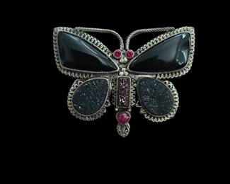 Sterling Silver signed butterfly brooch  Stones: Druzy Quartz, Black onyx and Rubys