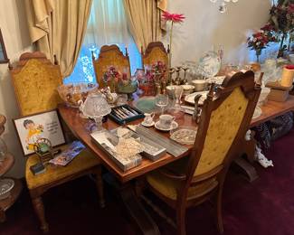 Antique table with gorgeous velvet chairs - great condition!