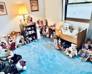 Porcelain dolls, Beanie Babies (hundreds!!) 

Cradle, several doll beds, doll highchair and more