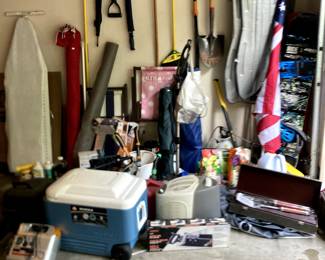 Tons of lightly used gardening tools, shears, saws, umbrellas, rolling cooler, de- humidifier, Williams Sonoma brand new BBQ tool set in a case