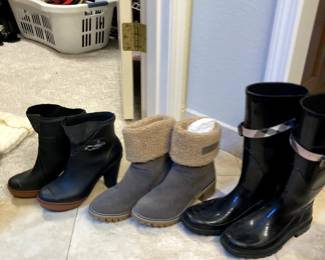 Burberry lightly used boots, and 2 other pairs of rain boots barely worn, one is brand new!!