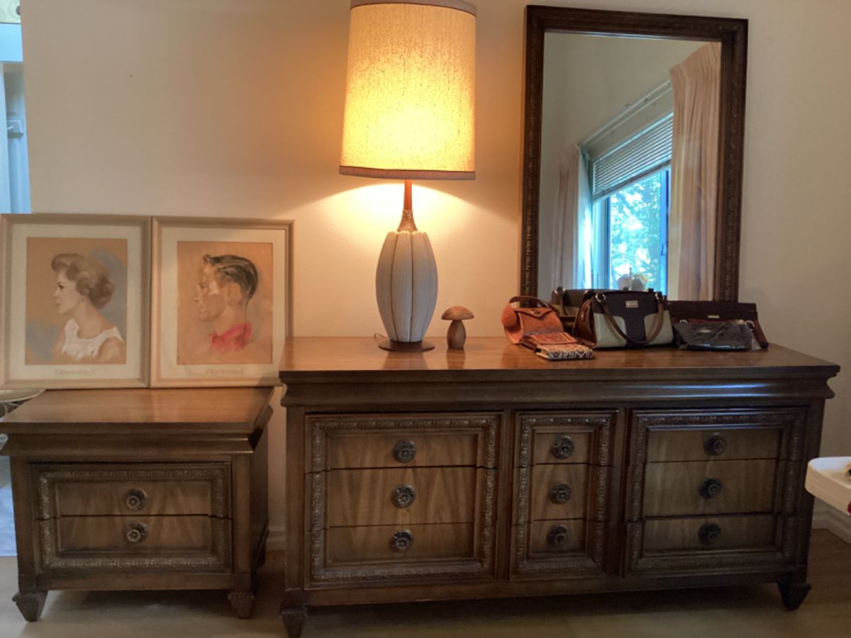 Vintage dresser mirror night stand- Mid century lamp-Charcoal pictures- Miche bag and extra covers