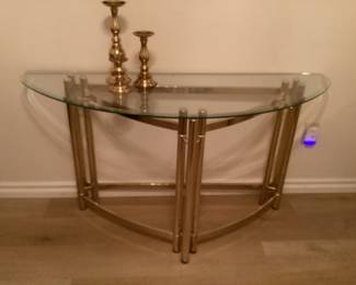 Heavy brass candlesticks- brass glass top half table