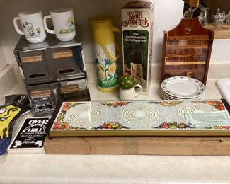 Vintage hot plate -Milk glass Snoopy mugs -vintage canister 