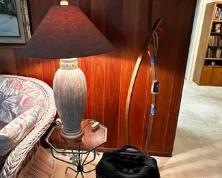 2 tall lamps, a floor lamp and glass top table, small, green x2