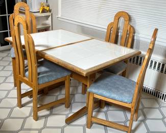 (5PC) RETRO EAT IN KITCHEN SET | Having a white tile, top table with oak frame and trestle base and for sky scraper back chairs - l. 52.5 x w. 35 x h. 29 in (table)