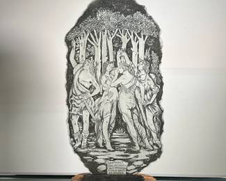 MURANO ETCHED GLASS PLAQUE | Signed “Murano / 1975 / Klein” On a wooden base - l. 5 x w. 7 x h. 16.5 in