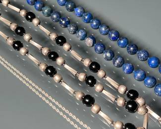 (3PC) STERLING & GEMSTONE NECKLACES | Including a Mexican Sterling & Bead necklace (32 in., 77.6g); a lapis lazuli necklace with 14k gold clasp (dia. 10 mm); plus a fine silver chain (3.8g)