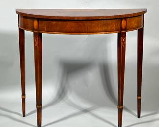 INLAID DEMI-LUNE TABLE | l. 35.5 x w. 14.5 x h. 31 in (width to center)