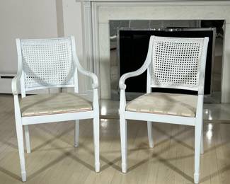 (2PC) PAIR WHITE WOOD AND WICKER CHAIRS | l. 18 x w. 21 x h. 35 in