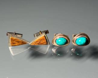 (4PC) TWO PAIRS RETRO CUFFLINKS | Including a pair with teak triangles, and a pair with green cabochons