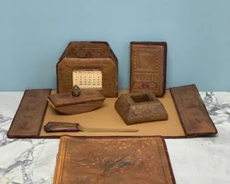 Antique Hand Tooled Leather Stationary Desk Set from Italy