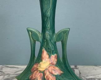 Roseville Green Bud Vase with Flowers 187-7