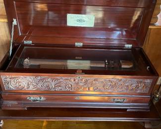 Ideal Sublime Harmonic Piccolo Music Box - Mermod Freres Ideal - Interchangeable cylinder music Box  - Mahogany carved case $5000