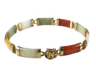 Chinese 14K Yellow Gold Multi-Color Jade Bracelet