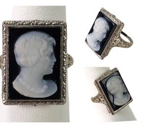 14K White Gold Black Onyx Cameo Ring, Size 6-1/2