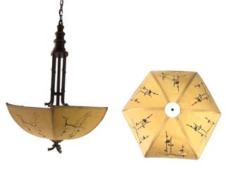 Vintage Chinoiserie 3-Light Silk Fortuny Style Gold Cherry Blossom Chandelier