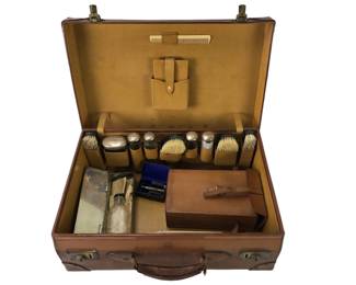 Antique English Leather Valet Case With Sterling Silver Top Jars