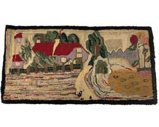 Antique 1920s Hand Hooked Rug With Countryside Scene