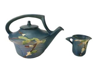 Roseville Pottery Blue Snowberry Teapot & Creamer