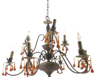 Vintage 9-Light Wrought Iron Chandelier With Amber Glass Drops