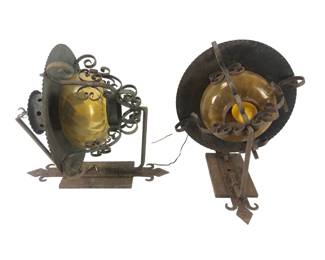 Pair Of Outdoor Wall Lanterns With Amber Glass Globes, Electrified