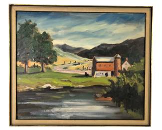Mid-Century Farm Landscape Oil On Board, Framed