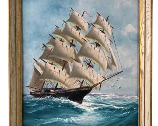 Framed Clipper Ship Oil On Canvas Painting, Signed Hoffman